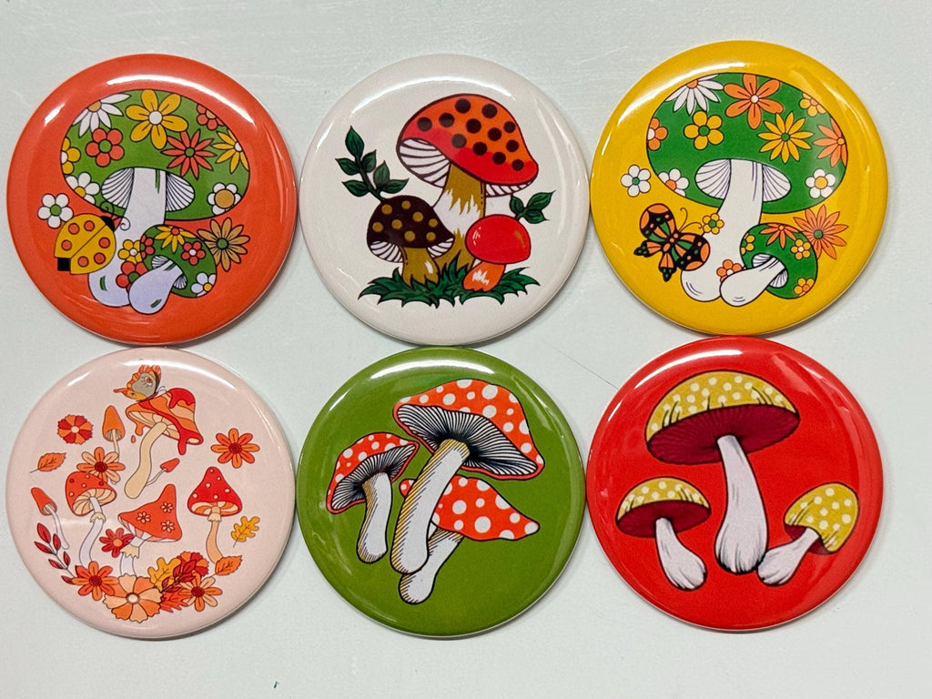 6 Retro Mushroom Buttons: Pinbacks, Magnets, Flatbacks