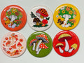 6 Retro Mushroom Buttons: Pinbacks, Magnets, Flatbacks