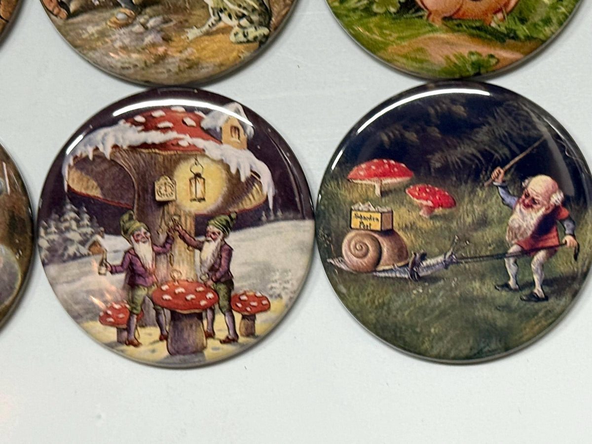 8 Gnomes and Mushrooms buttons, you choose style and size, pinbacks, magnets etc.