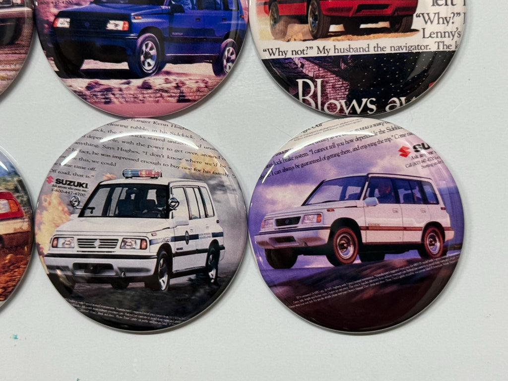 6 Suzuki Sidekick Sport, Fridge magnets, pinbacks or flatbacks. Several sizes to choose from.
