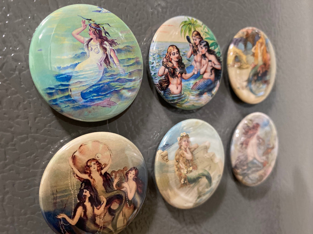 6 Vintage Mermaid Fridge Magnets Set 2.  Choose your size/style.
