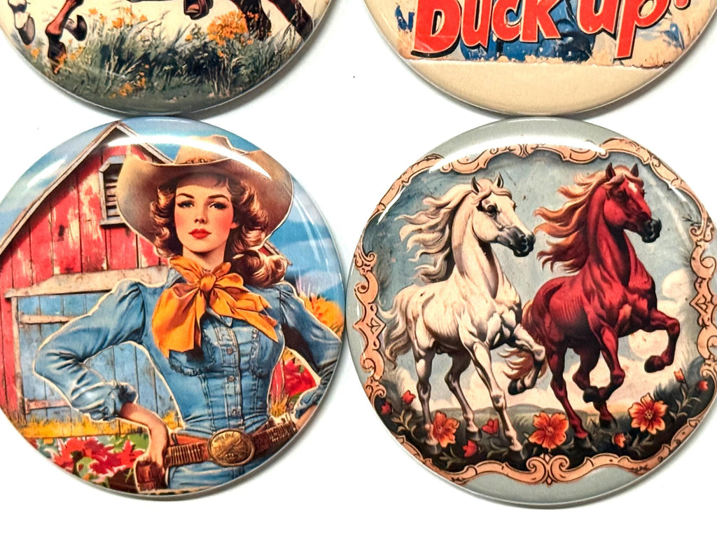 6 Cowgirl Fridge Magnets, pinbacks, flatbacks and more.  Choose your size/style. (s3)
