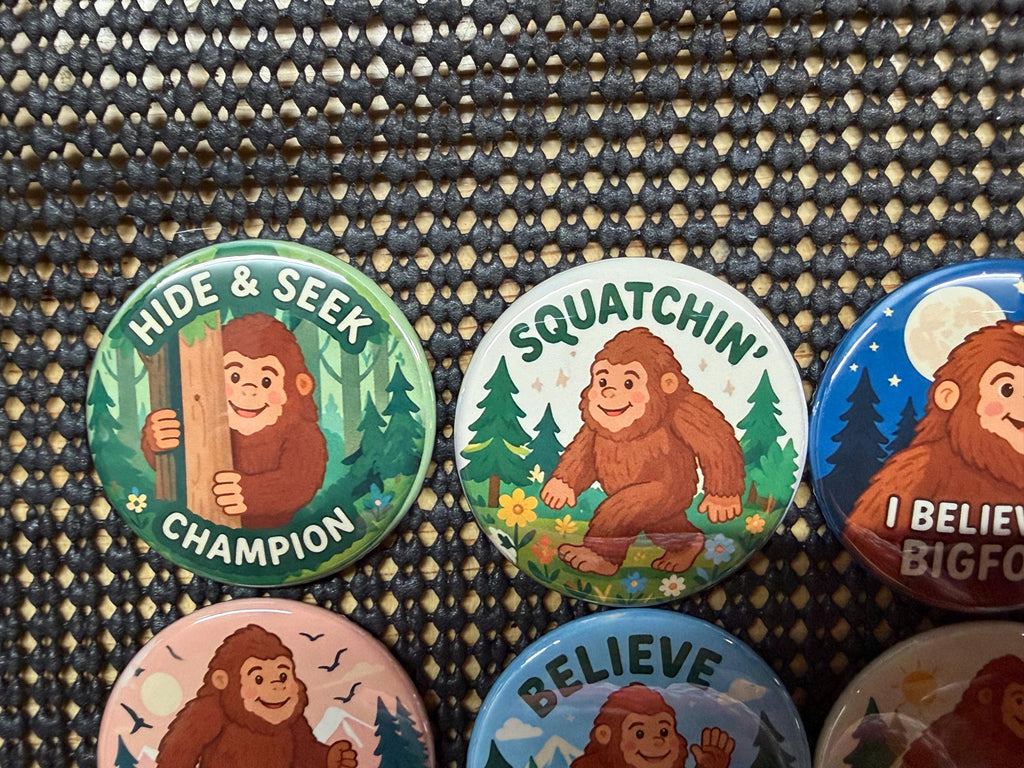 Kids Bigfoot Adventure Buttons - Set of 8 Round Sasquatch Pins or Magnets - Fun sizes - Cute Cryptid Birthday Gift - Junior Ranger Gear