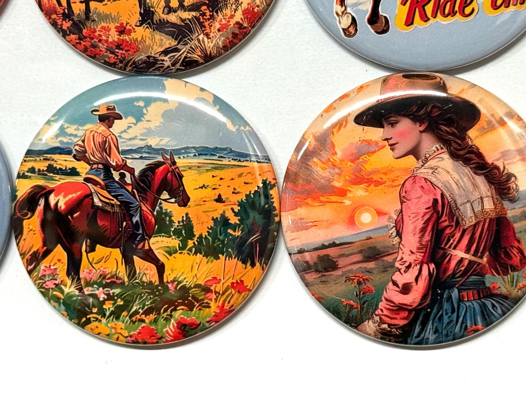 6 Cowgirl Fridge Magnets, pinbacks, flatbacks and more.  Choose your size/style. (s4)