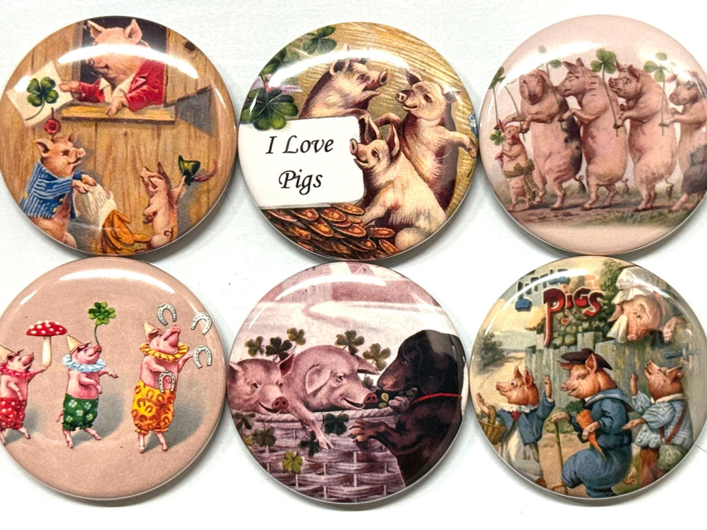 Pig Magnets or Pinbacks - Set of 6 - Choose Size & Style