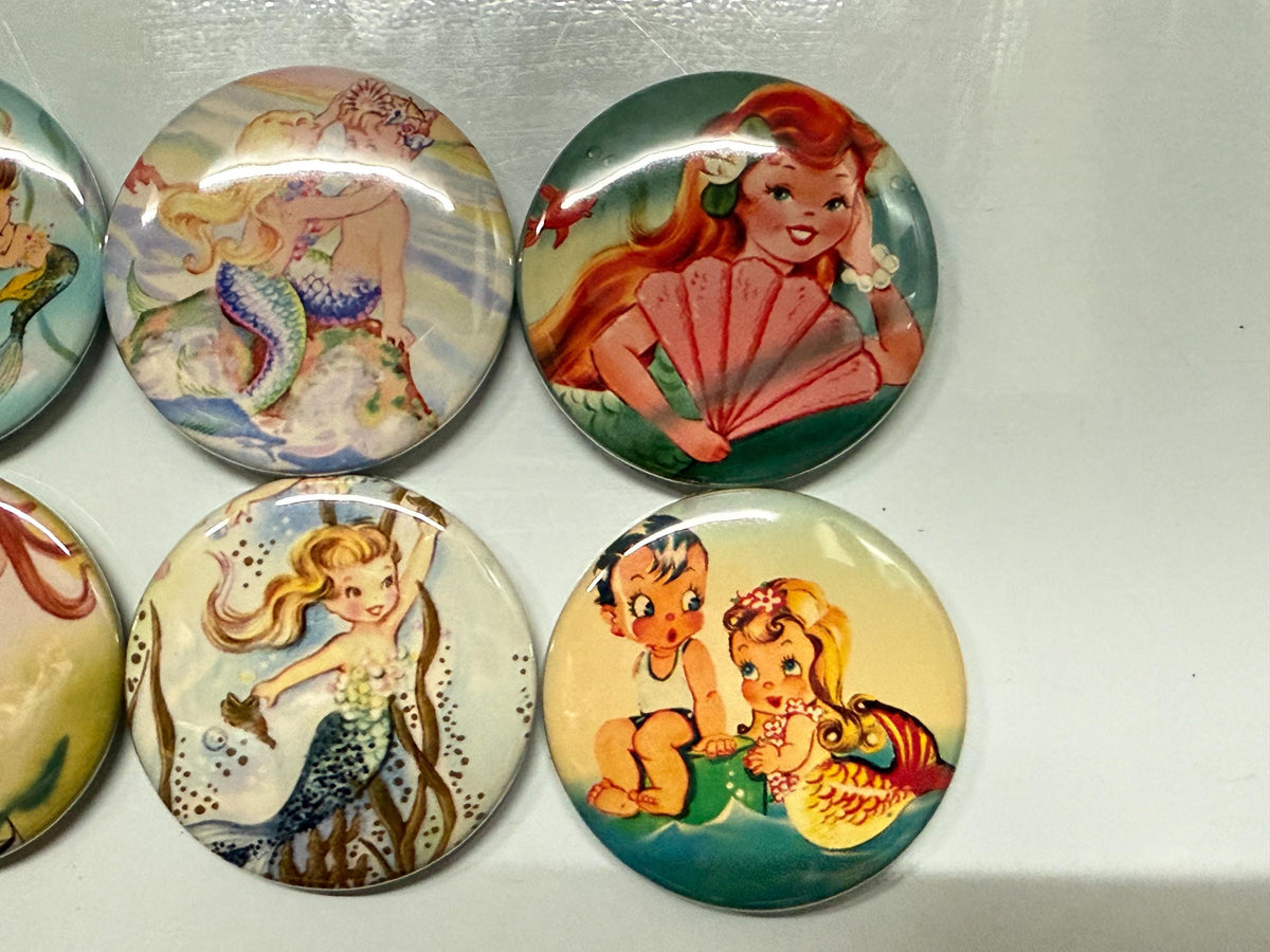 6 Child mermaids Fridge Magnets, pinbacks, flatbacks and more.  Choose your size/style.