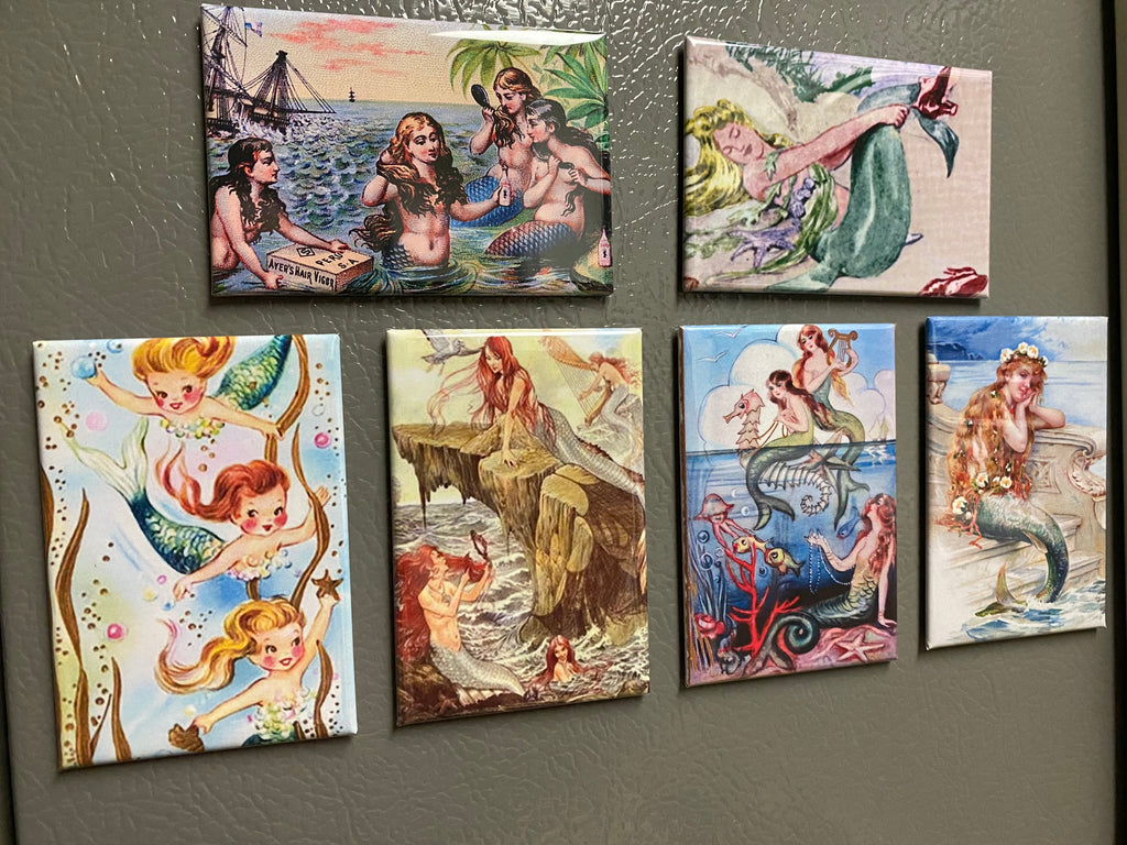 Vintage Mermaid Fridge Magnets or Pinback Buttons: Mermaid Pictures (2x3 inch)
