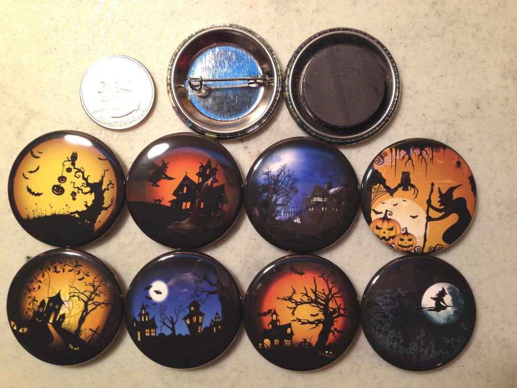 Halloween Pinback Buttons: Spooky Nighttime Scenes, Various Sizes