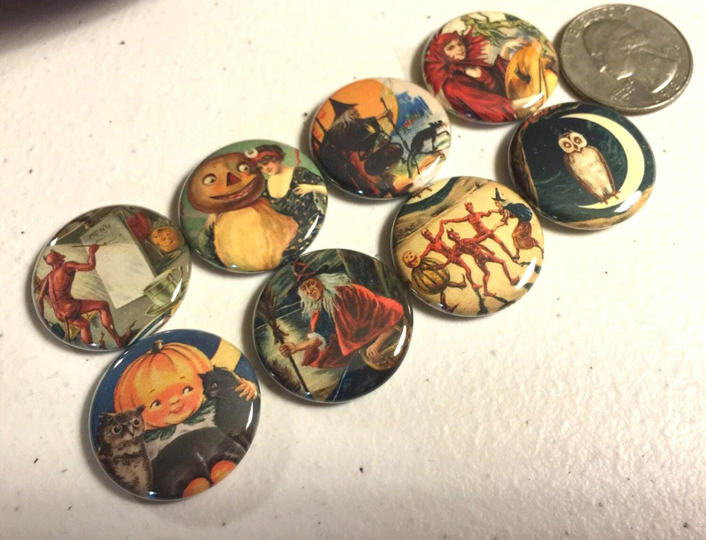 Halloween Buttons: Vintage Witch, Pumpkin, Owl - Set of 8