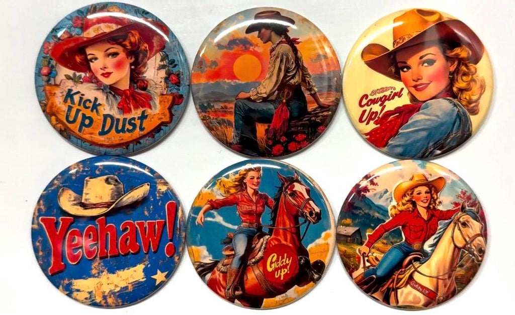 6 Cowgirl Fridge Magnets, pinbacks, flatbacks and more.  Choose your size/style. (s3)