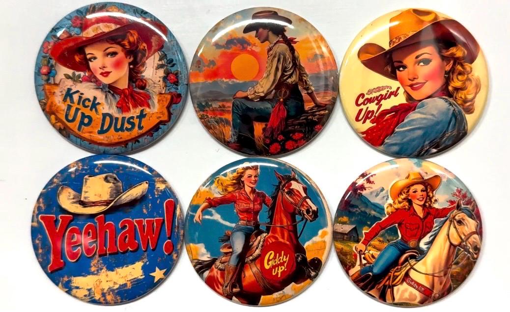 6 Cowgirl Fridge Magnets, pinbacks, flatbacks and more.  Choose your size/style. (s3)
