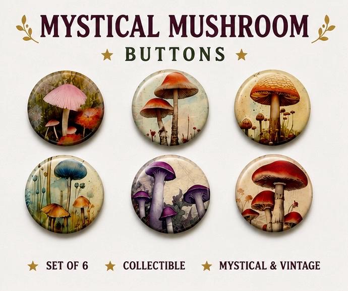 6 Mystical mushrooms pinbacks, flatbacks or magnets Set 1.  Choose your size/style.