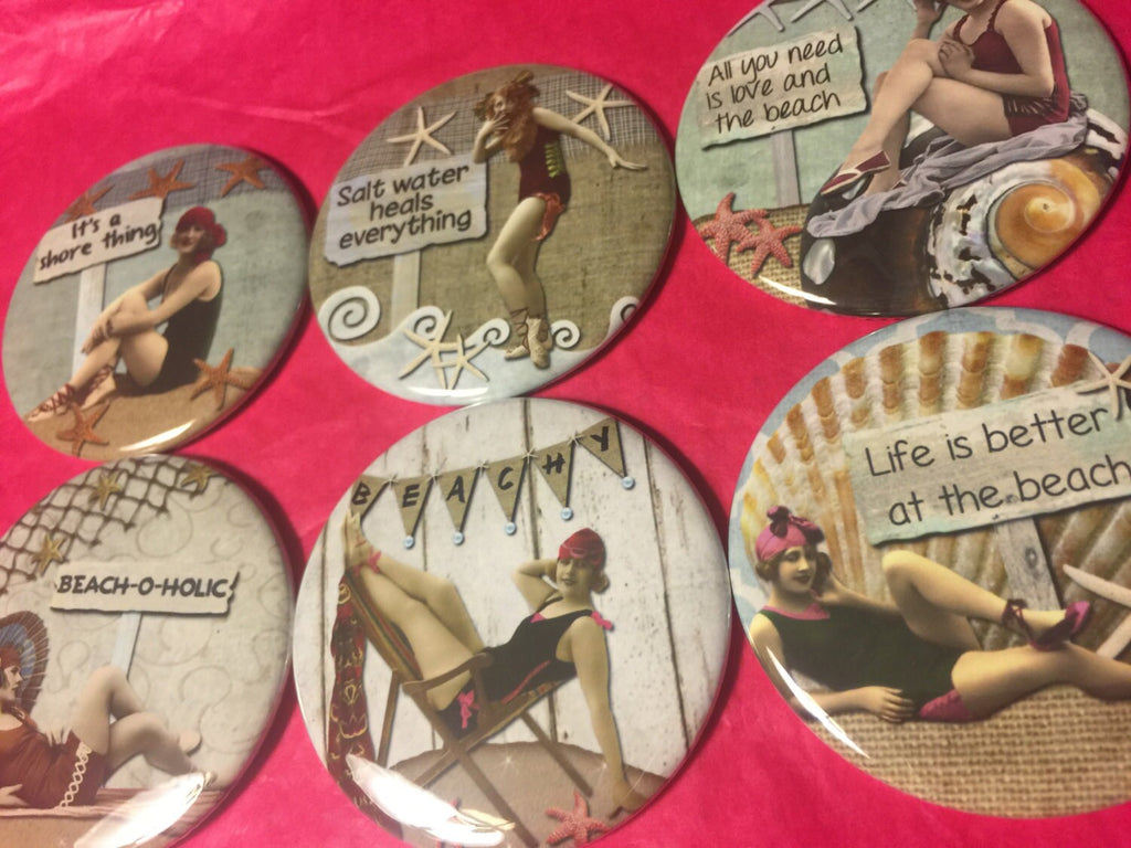 6 Beach Ladies Pinbacks or Magnet Buttons. Set 4.  Several sizes/styles available