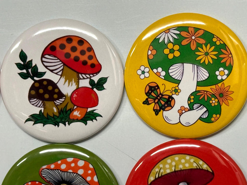 6 Retro Mushroom Buttons: Pinbacks, Magnets, Flatbacks