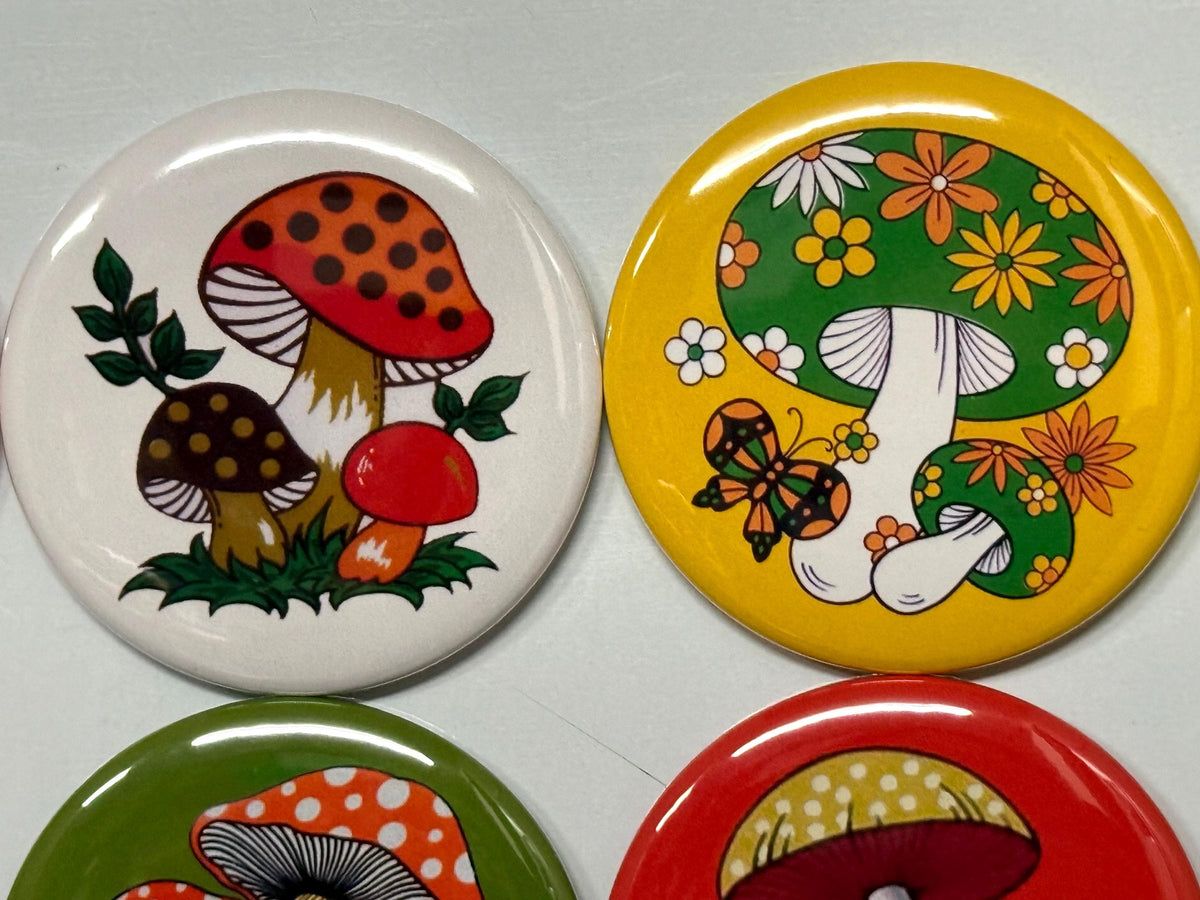 6 Retro Mushroom Buttons: Pinbacks, Magnets, Flatbacks