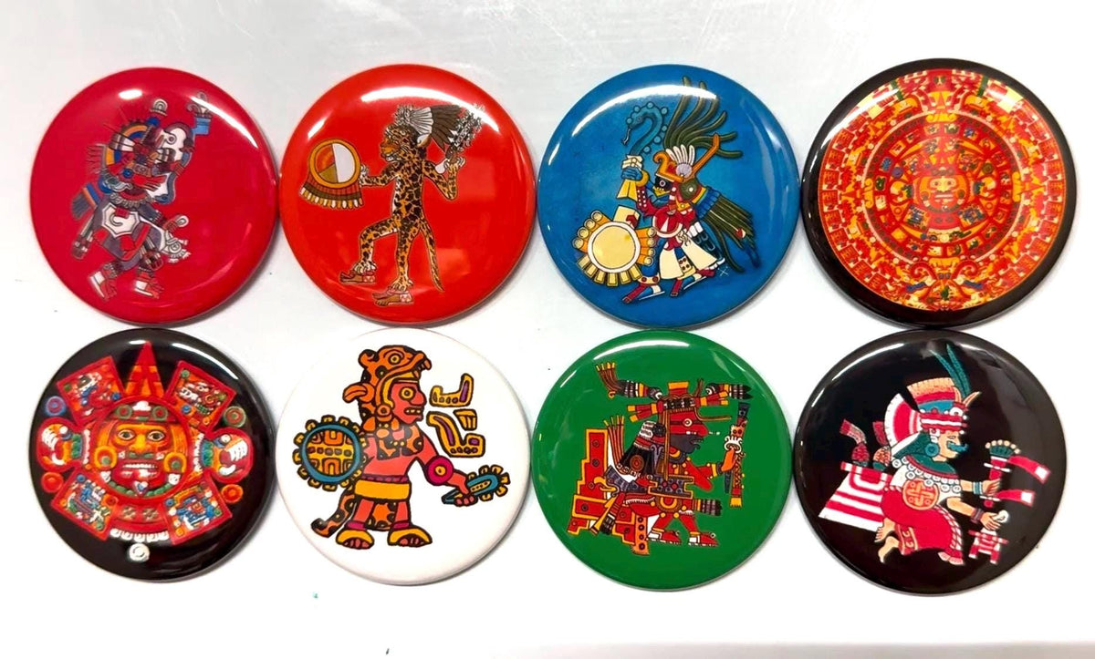 8 Aztec Buttons.  Your choice of pinbacks, flatbacks or magnet buttons