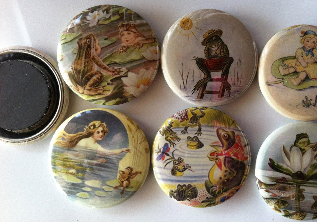 8 frog fridge magnets, toads, frogs, reptiles, set 3 with vintage pictures of frogs