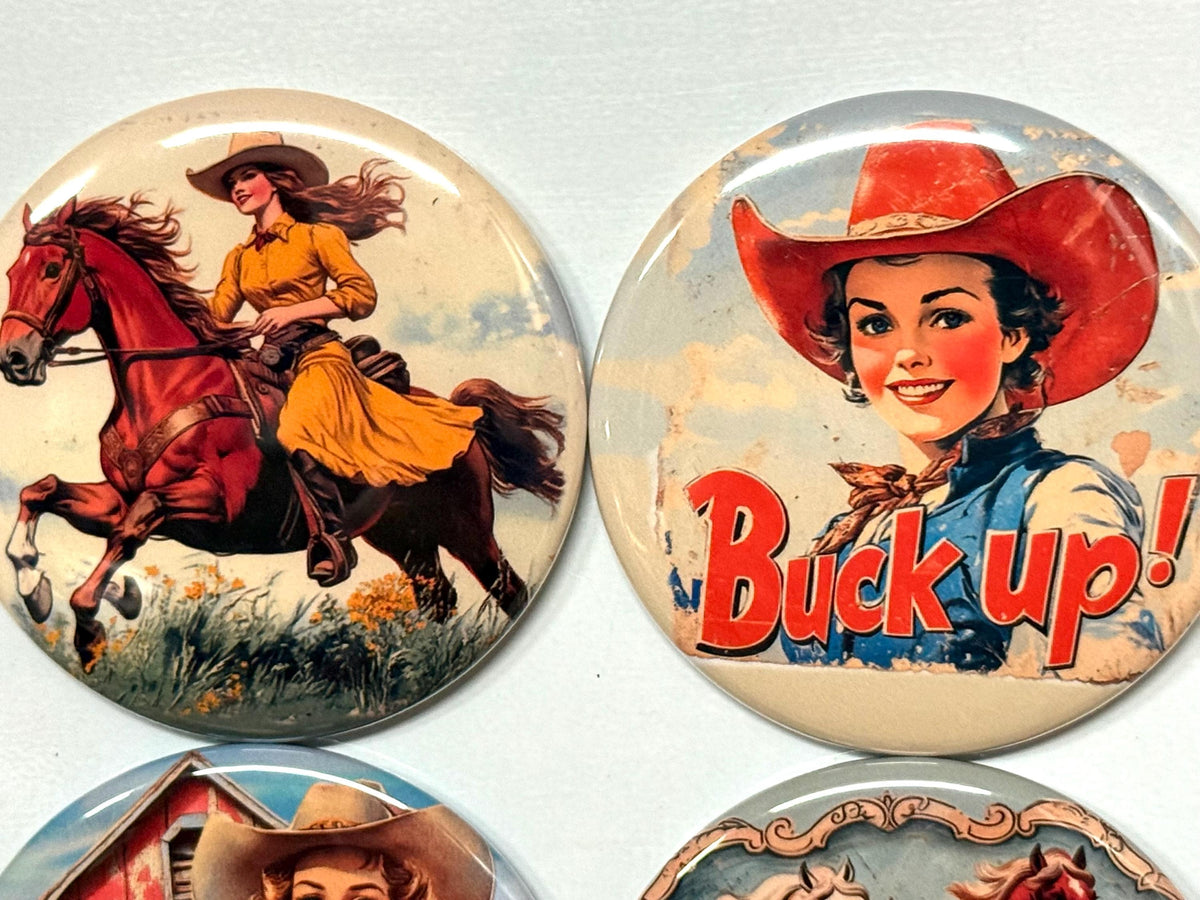 6 Cowgirl Fridge Magnets, pinbacks, flatbacks and more.  Choose your size/style. (s3)