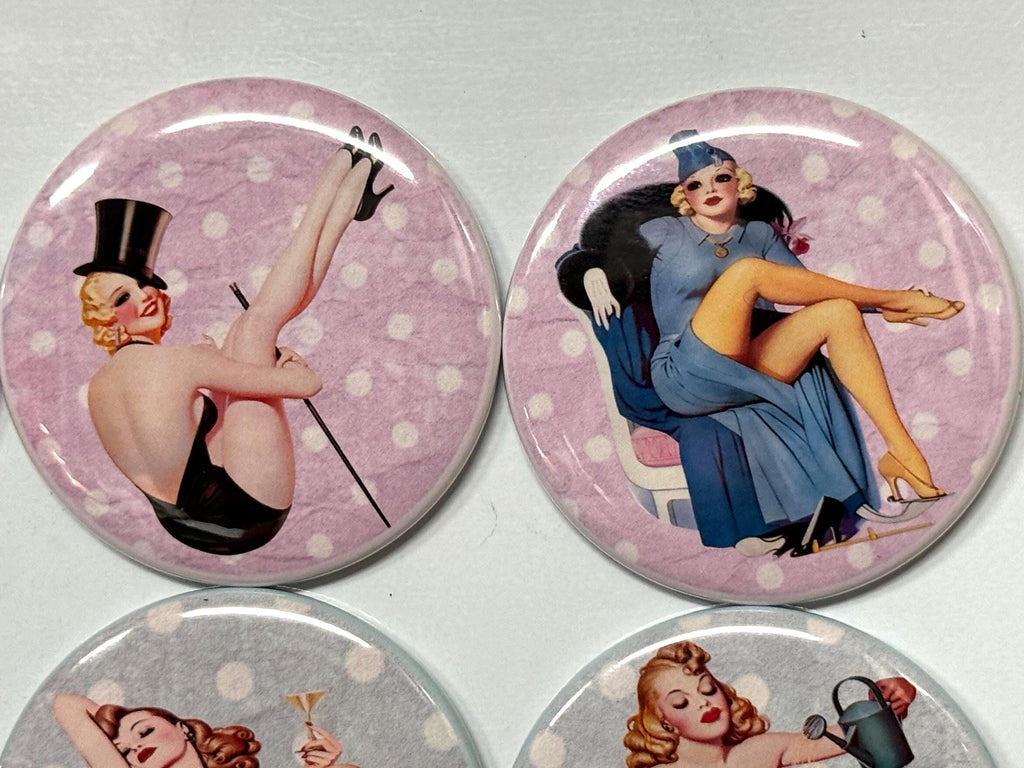 6 Pinup  Fridge Magnets, pinbacks, flatbacks and more.  Choose your size/style. (s1)