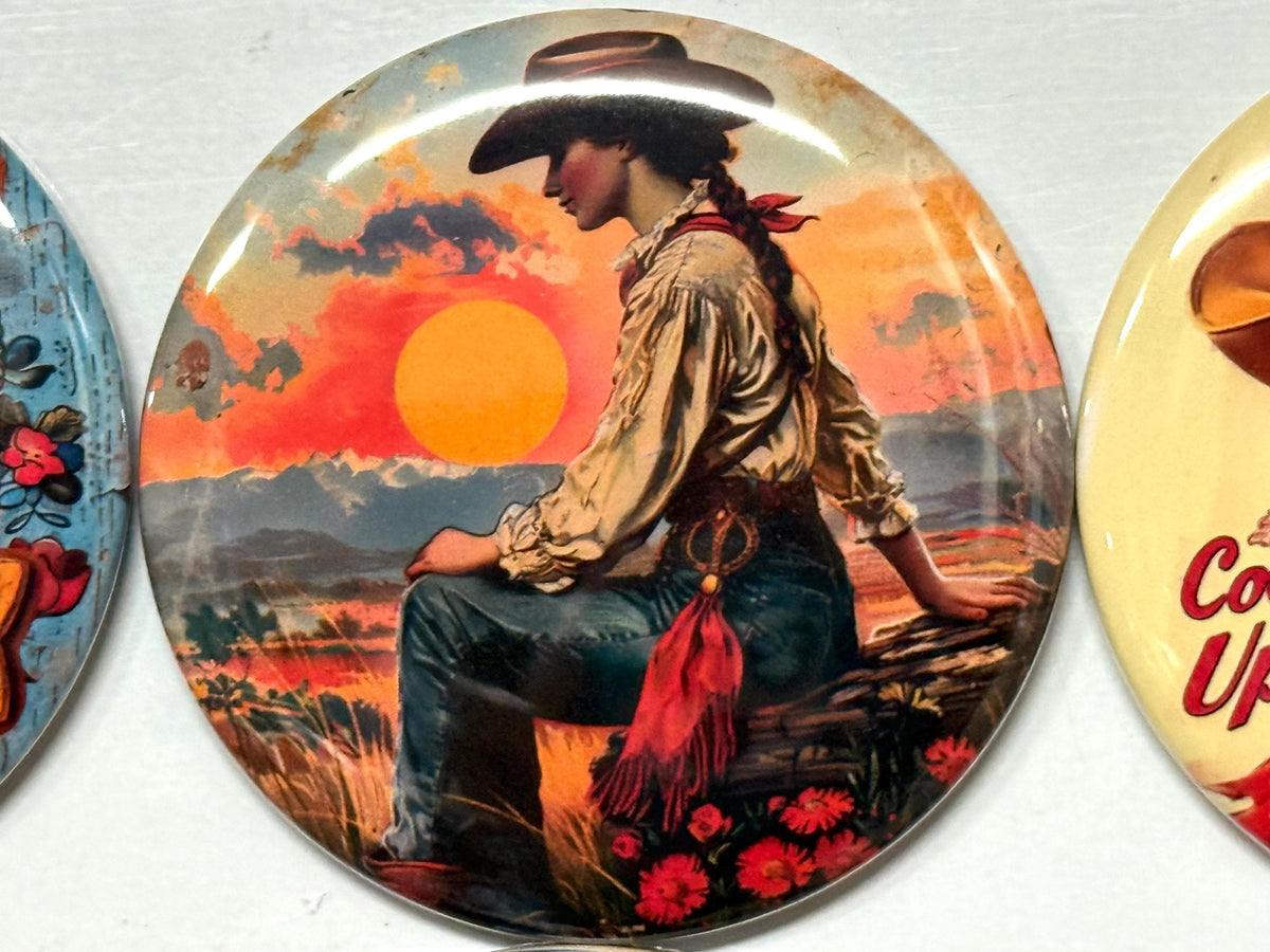 6 Cowgirl Fridge Magnets, pinbacks, flatbacks and more.  Choose your size/style. (s3)