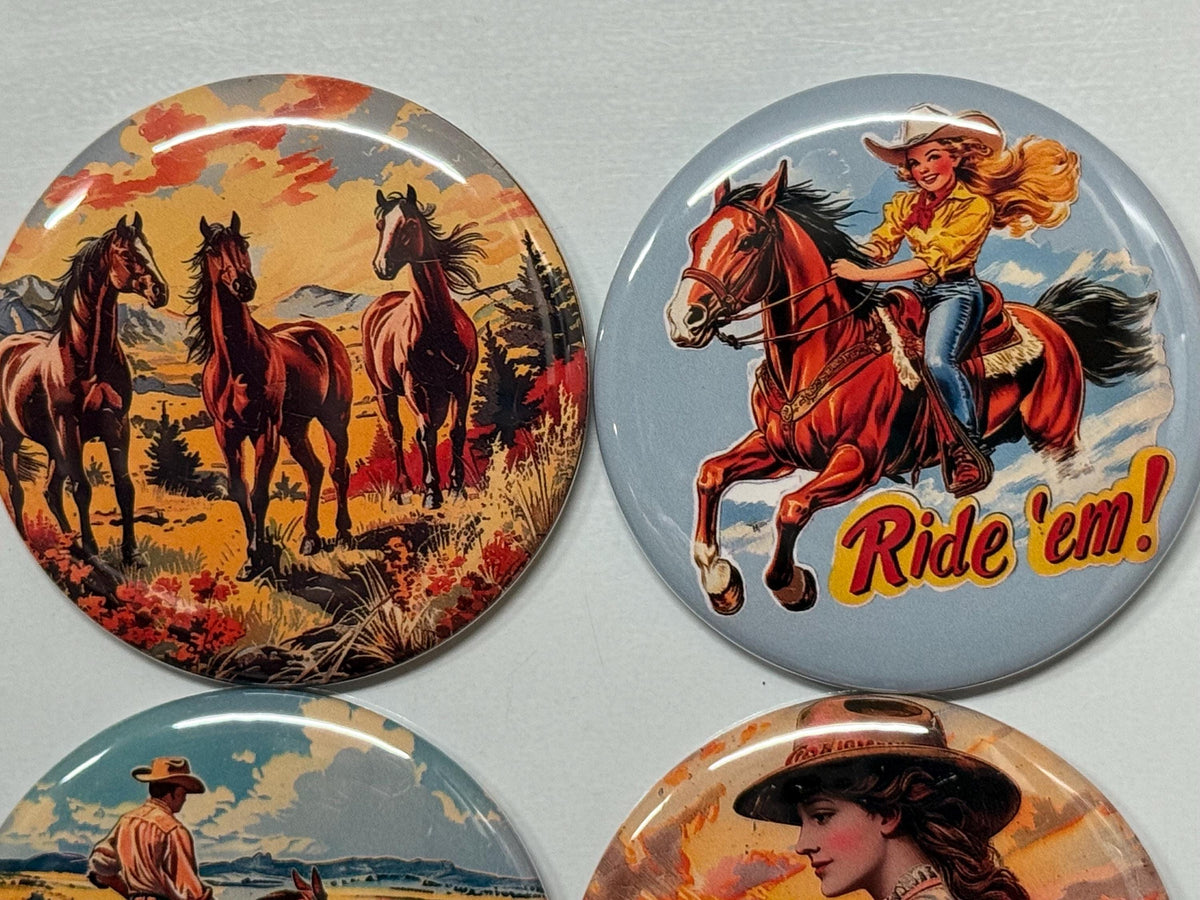 6 Cowgirl Fridge Magnets, pinbacks, flatbacks and more.  Choose your size/style. (s4)