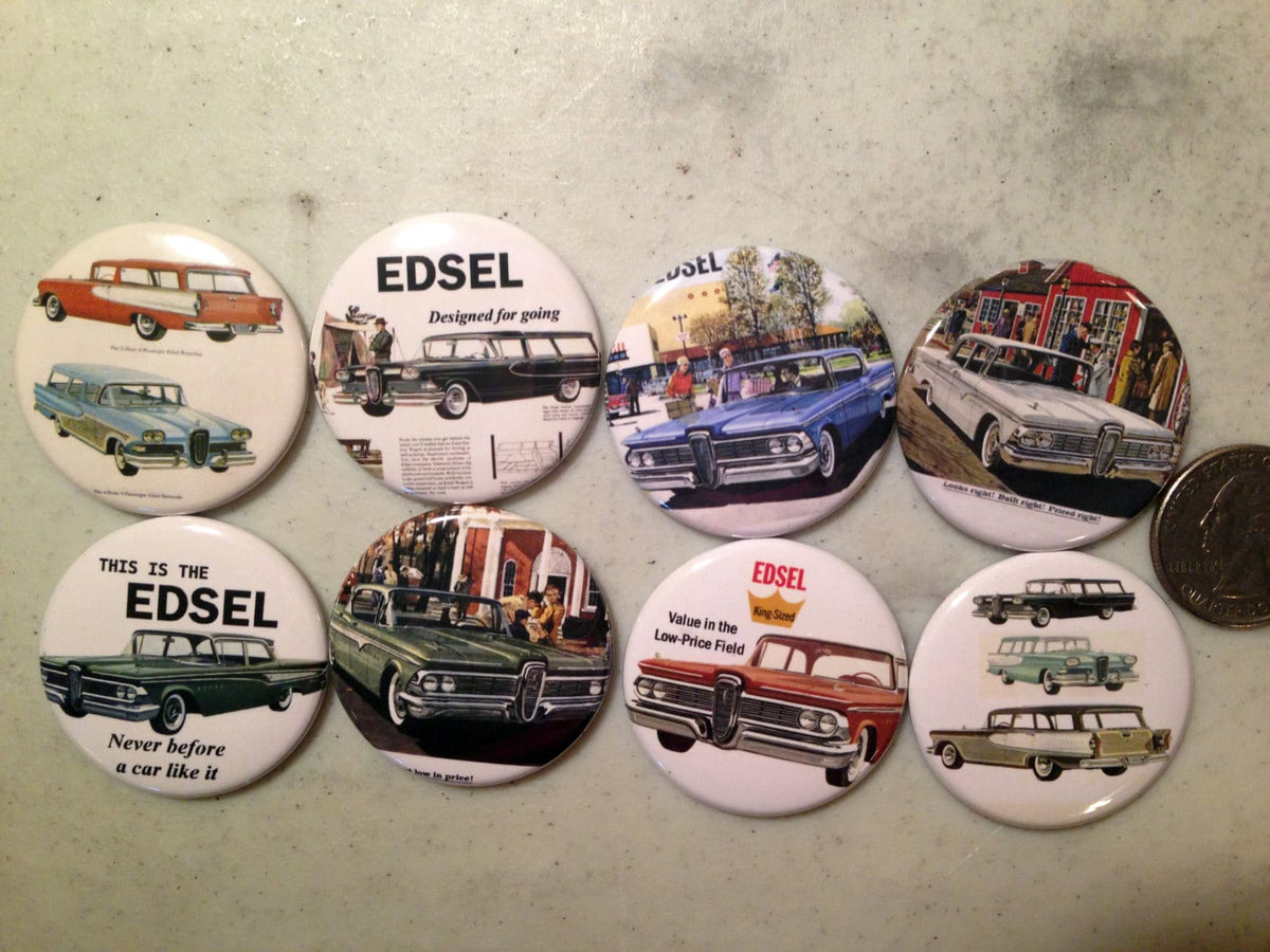 Ford Edsel Buttons: Pinback, Magnet, Flatback - Set of 8