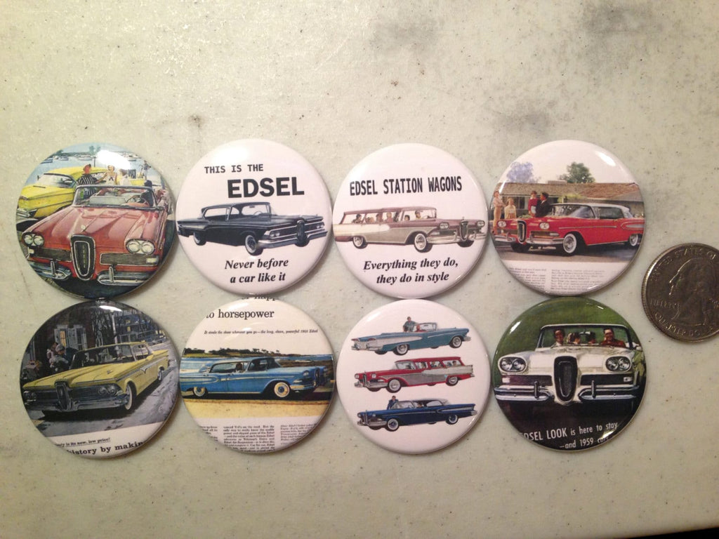 Ford Edsel Advertisement Buttons: Pinback, Magnet, Keychain Options (SET 2)