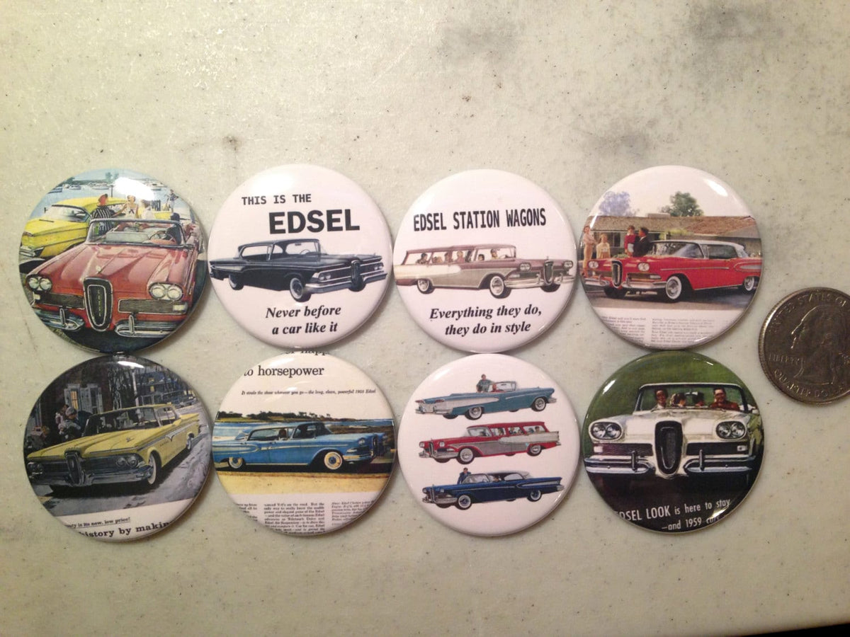Ford Edsel Advertisement Buttons: Pinback, Magnet, Keychain Options (SET 2)
