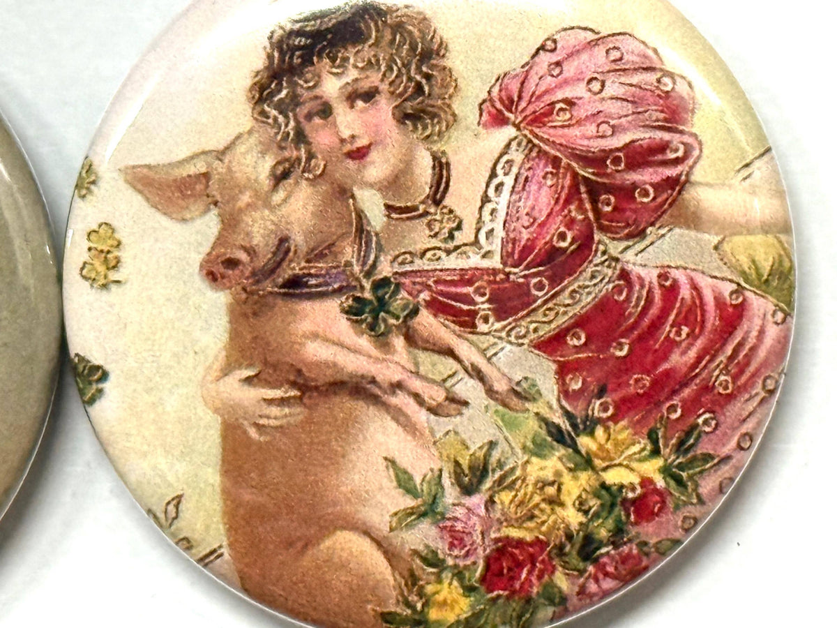 6 Pig Buttons: Vintage Style Pinbacks, Magnets, Keychains