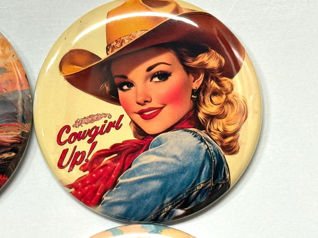 6 Cowgirl Fridge Magnets, pinbacks, flatbacks and more.  Choose your size/style. (s3)