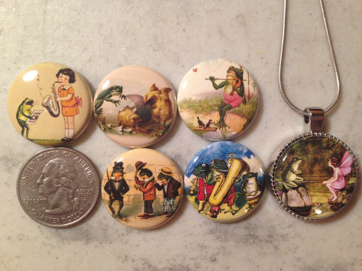 6 Frog and Toad (vintage images) magnets, pinbacks, flatbacks, necklace and more!