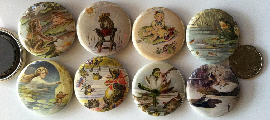 8 frog fridge magnets, toads, frogs, reptiles, set 3 with vintage pictures of frogs