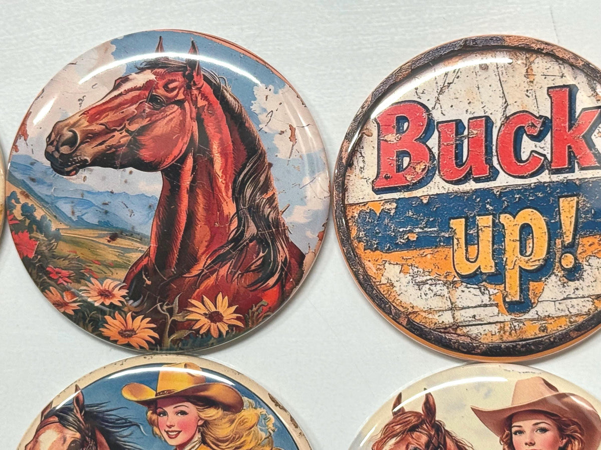 6 Cowgirl Fridge Magnets, pinbacks, flatbacks and more.  Choose your size/style. (s6)