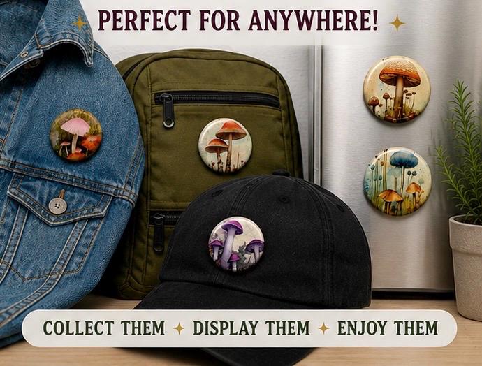 6 Mystical mushrooms pinbacks, flatbacks or magnets Set 1.  Choose your size/style.