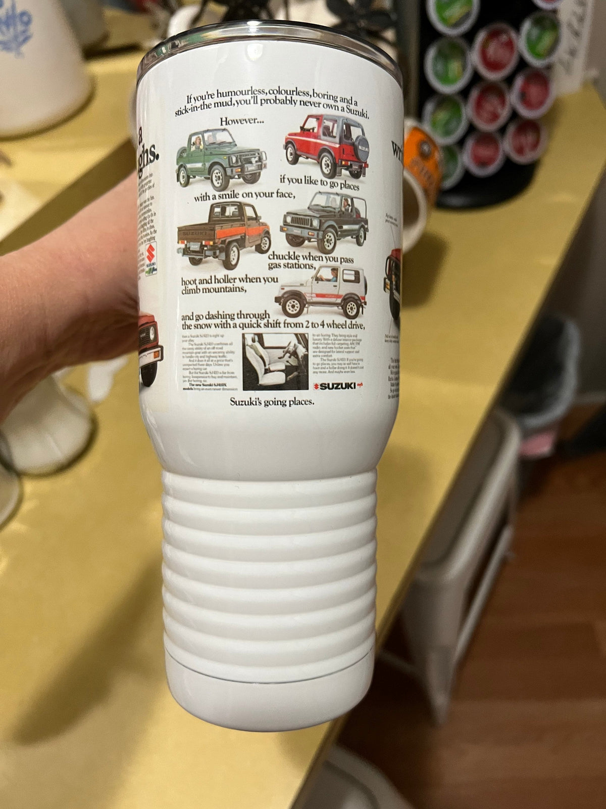 Suzuki Samurai/Sidekick Travel Mug: Vintage Auto Ad, Stainless Steel 20 oz