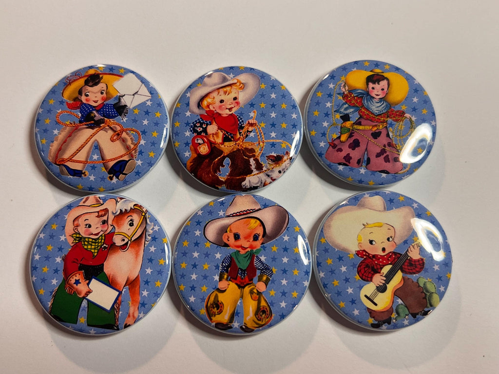 6 Cowboy kids Fridge Magnets, pinbacks, flatbacks and more.  Choose your size/style.