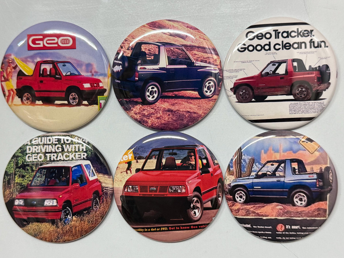 Geo Tracker 2 Door Buttons: Fridge Magnets, Pinbacks, Flatbacks