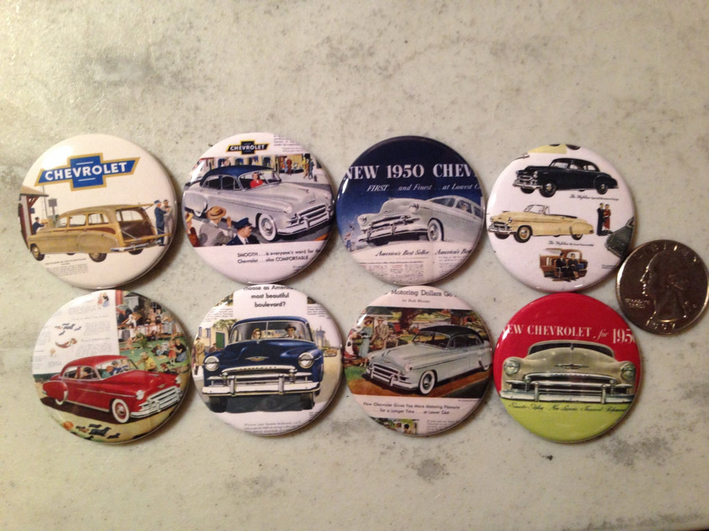 1950 Chevy Car Buttons: Pinbacks, Magnets, or Keychains (Set of 8)