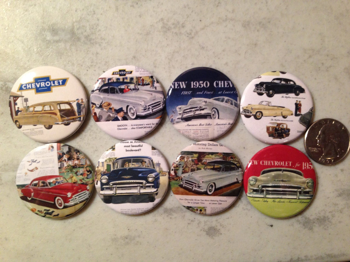 1950 Chevy Car Buttons: Pinbacks, Magnets, or Keychains (Set of 8)