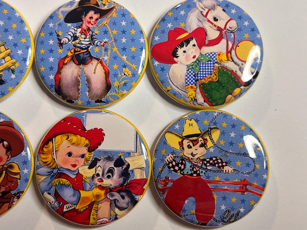 6 Cowboy kids Fridge Magnets, pinbacks, flatbacks and more.  Choose your size/style. (S2)