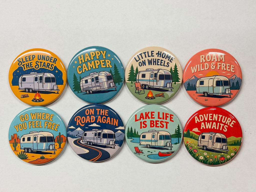 Vintage Camper Nostagia, pinback buttons, magnet buttons, you choose the style