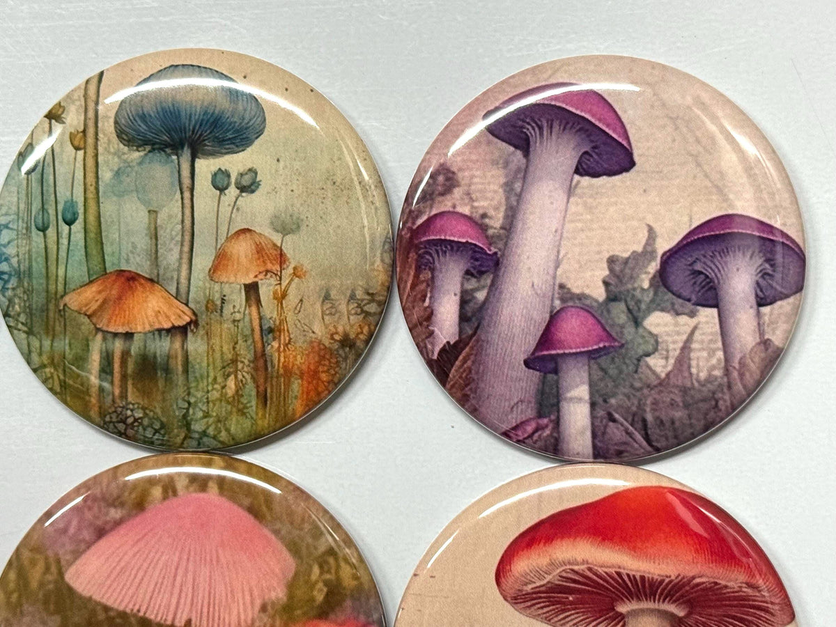 6 Mystical mushrooms pinbacks, flatbacks or magnets Set 1.  Choose your size/style.