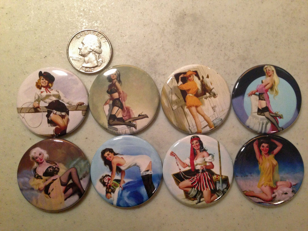 8 Pinup Girl Buttons Vintage Retro (Set 2) Several Button Sizes and Styles to choose from.