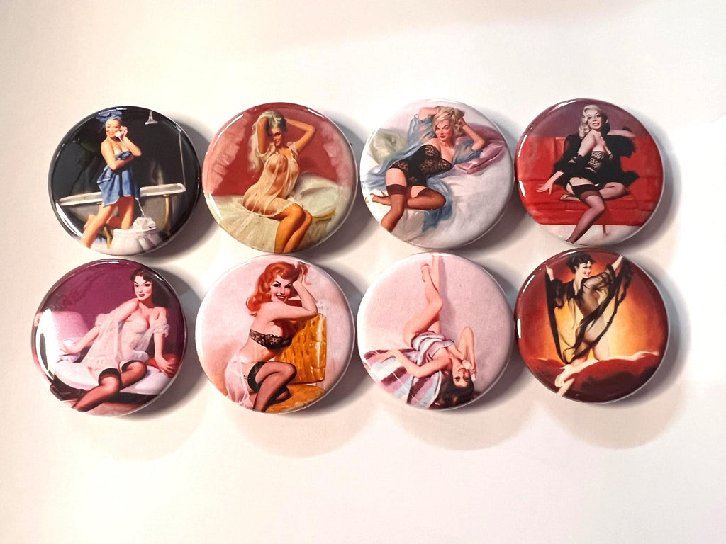 8 Pinup Girls Magnet Buttons or Pinbacks 1.5 inch buttons, Retro Vintage pin-up girls Set4