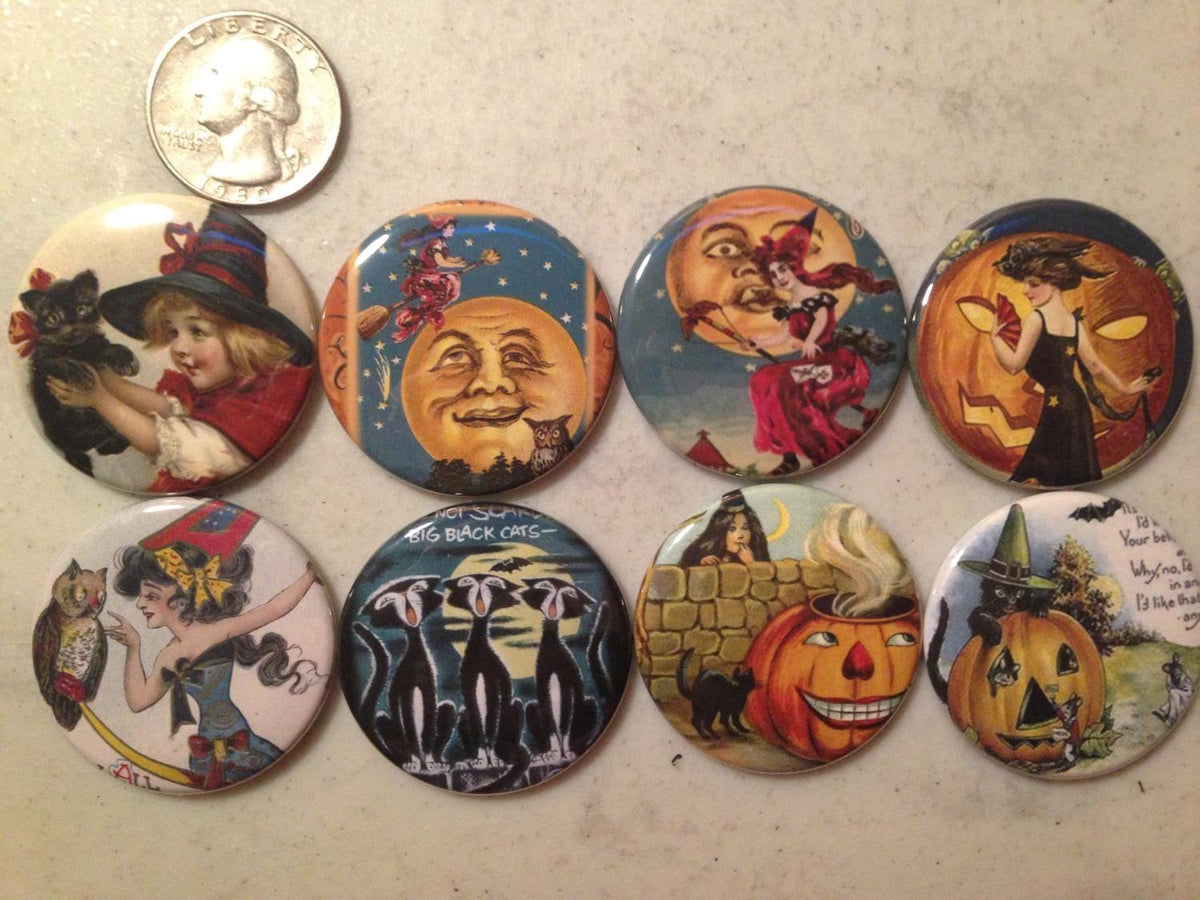 Vintage Halloween Magnet Set: Spooky Witch & Pumpkin Designs