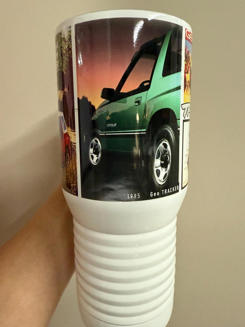 Geo Tracker Travel Mug: Vintage Auto Ad, Stainless Steel