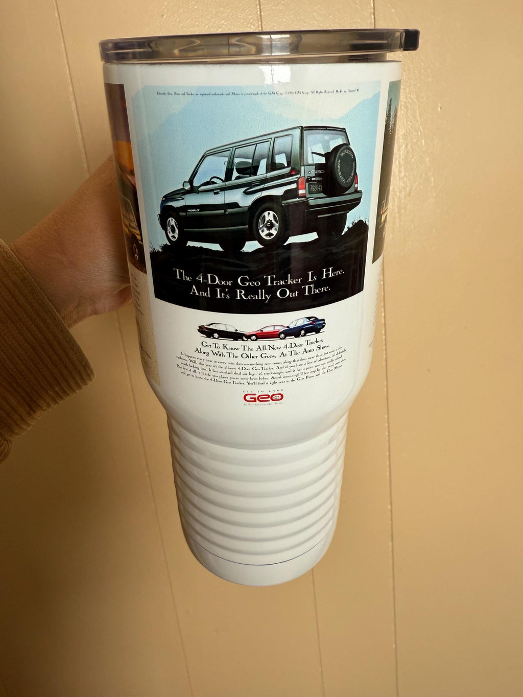 Geo Tracker Travel Mug: Vintage Auto Ad, Stainless Steel