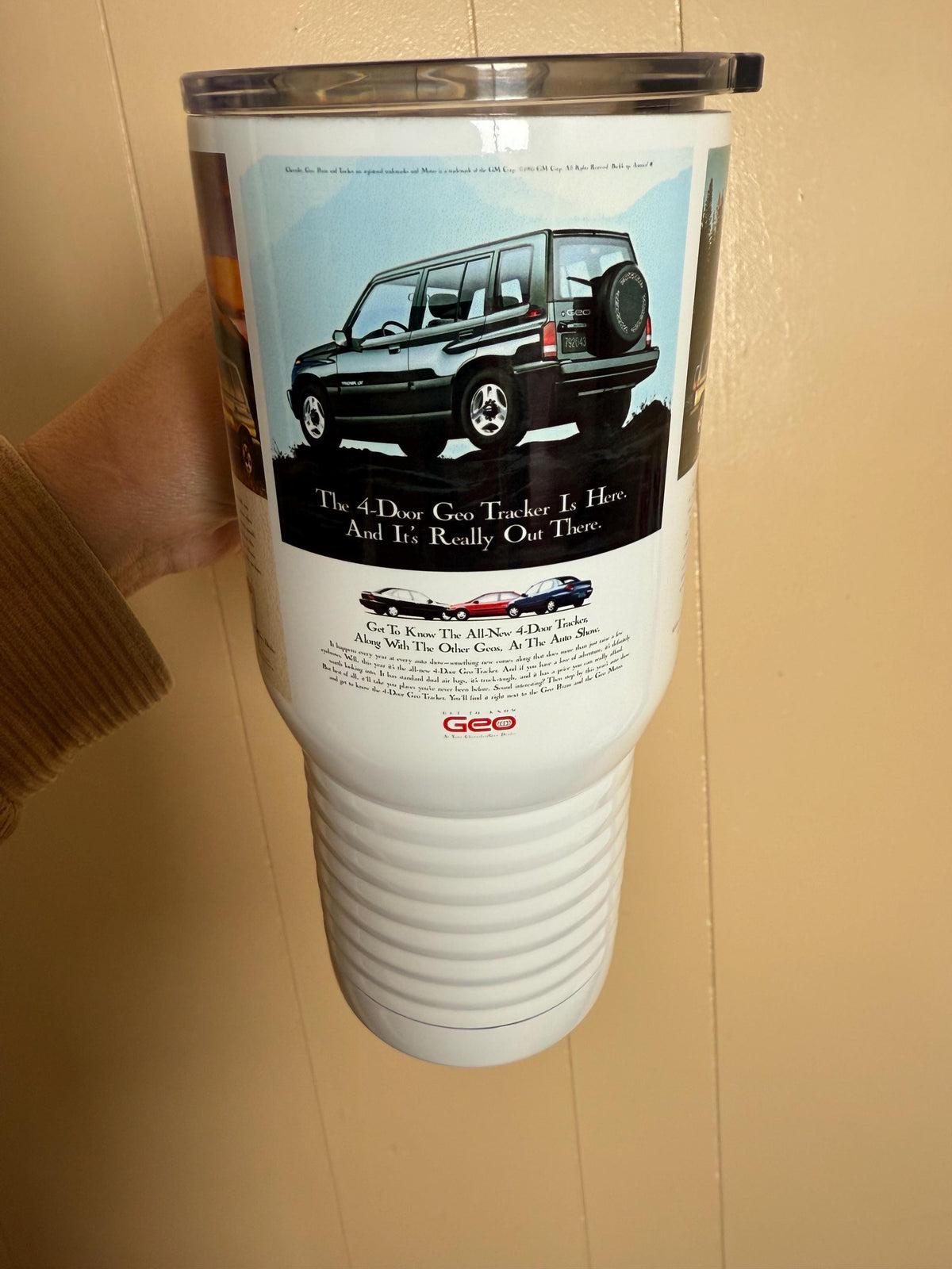 Geo Tracker Travel Mug: Vintage Auto Ad, Stainless Steel