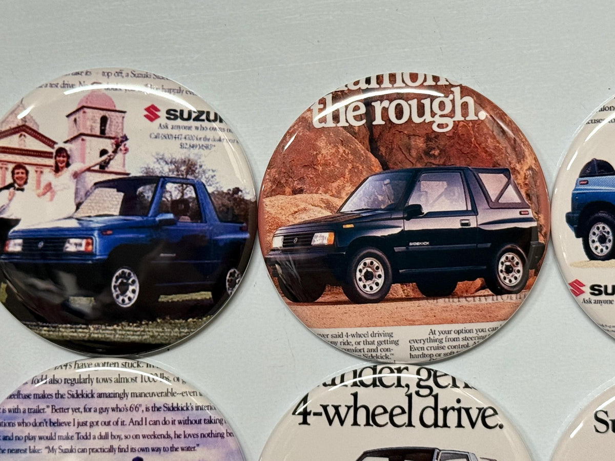 6 Suzuki Sidekick, Fridge magnets, pinbacks or flatbacks. Several sizes to choose from.