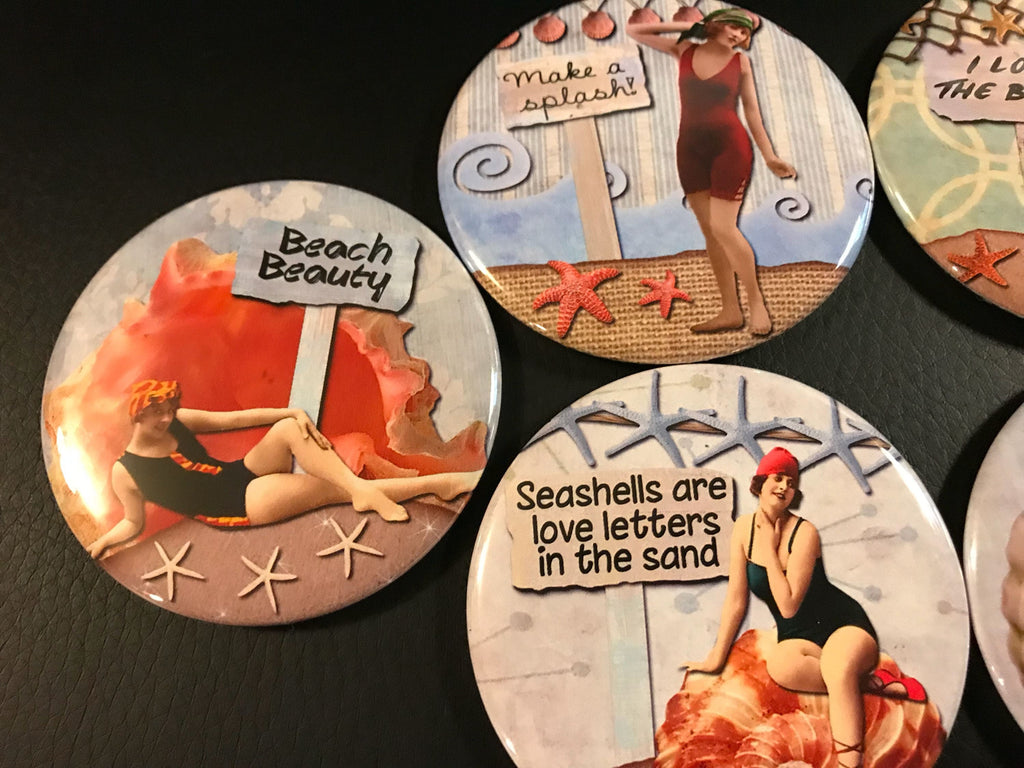 6 Beach Ladies Pinbacks or Magnet Buttons. Set 3.  Several sizes/styles available
